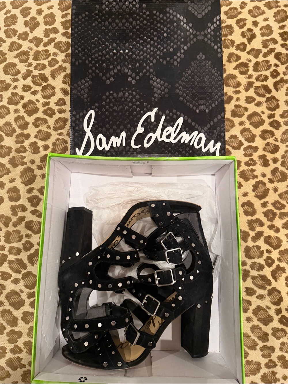 Sam Edelman Black Suede Studded Buckle Block Heels